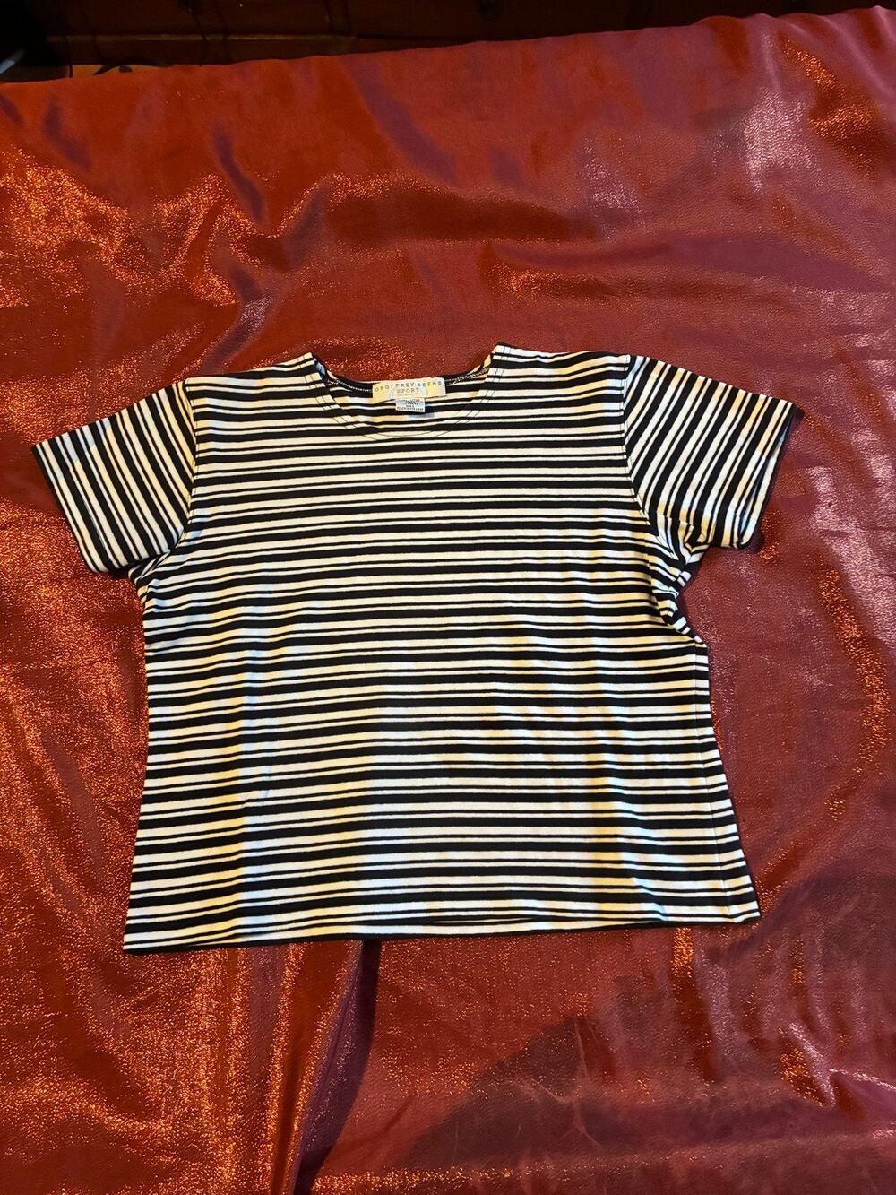 Geoffrey Beene Sport Top Womens L Black White Striped Short Sleeve Tee Crewneck